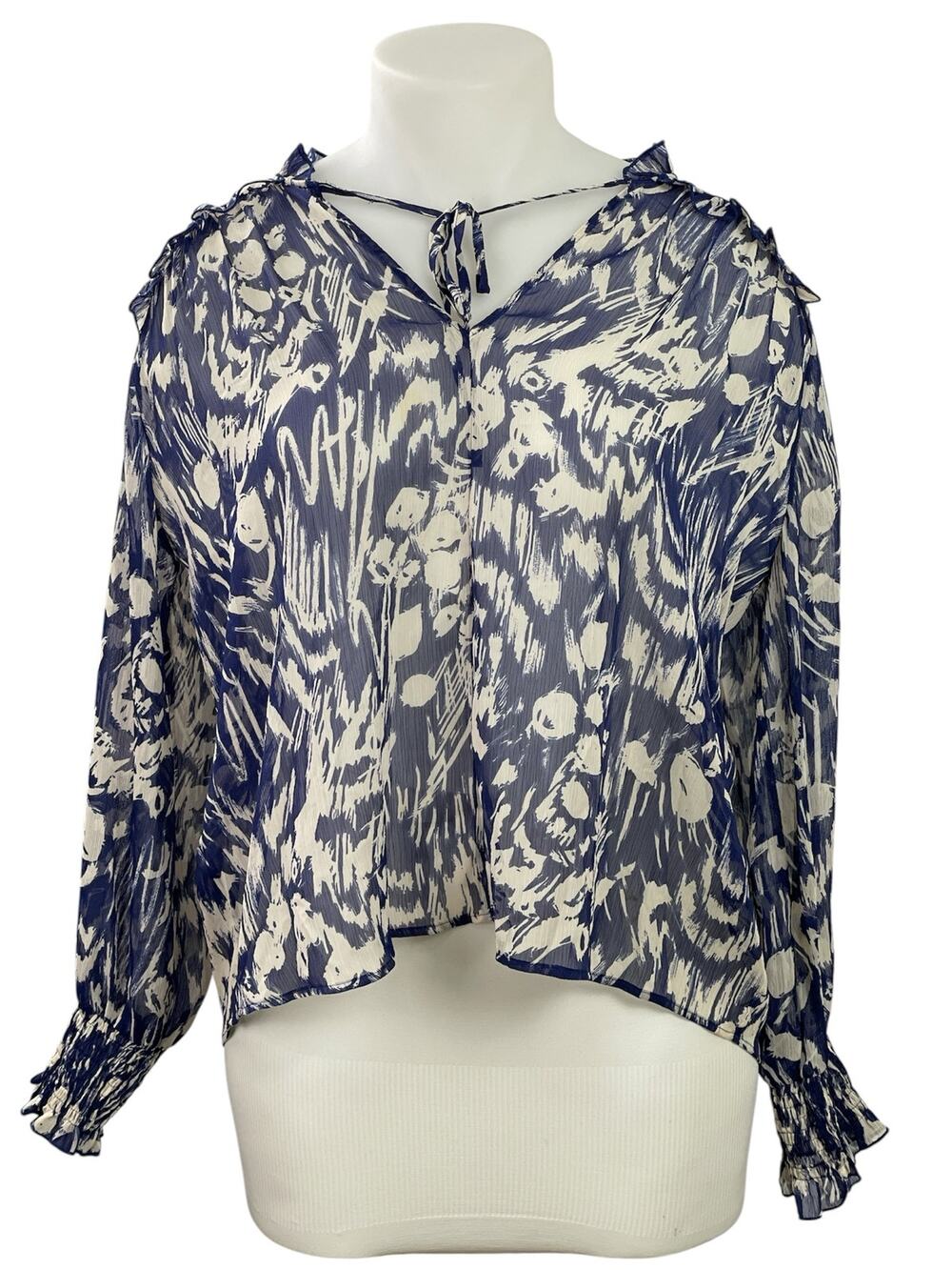 Zara Women's Blue Cream Long Sleeves Abstract Print Ruffles Sheer Blouse Top XL